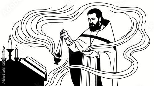 Photography Priest Performing Incense Offering Ceremony Line Art Style Vector Illustration
