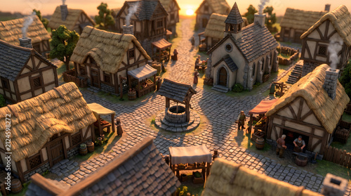 Scenic view of a medieval town square at sunset featuring thatched houses and a stone water well.