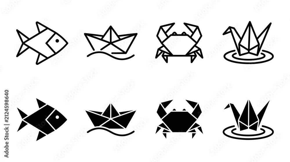 Obraz premium Origami paper animal and object icons set with minimalist geometric creative illustration collection silhouette
