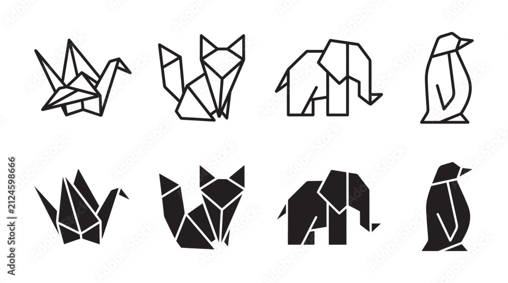 Obraz premium Set of geometric origami animal icons with elephant geometric minimalist creative illustration collection creature