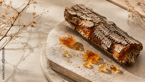 Minimalist natural still life with amber resin and rustic tree bark in warm sunlight for wellness and organic lifestyle concepts
