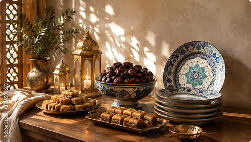 Warm Middle Eastern inspired still life with traditional ceramics, dates, pastries and lanterns illuminated by natural sunlight in a cozy interior
