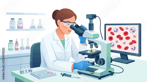 Bild auf Leinwand Scientist Examining Blood Cells Under Microscope in Laboratory
