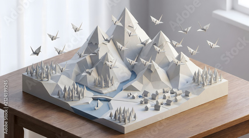White paper origami cranes flying over a low poly mountain landscape diorama on a wooden table