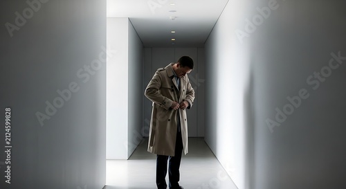 Professional Man Adjusting Coat in Minimalist Corridor