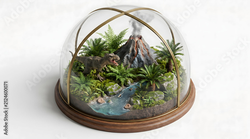 Prehistoric miniature diorama with T-Rex and erupting volcano inside a glass dome terrarium