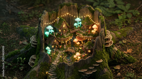 Miniature enchanted village with glowing mushrooms and tiny cottages inside a mossy tree stump.
