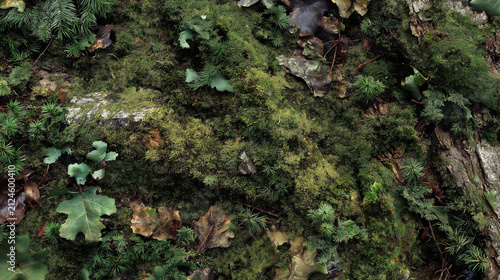 Moss grows on the damp forest ground floor.