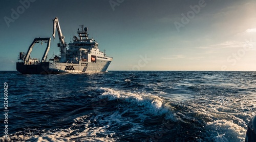 Research vessel and deep blue ocean under dramatic late afternoon light.