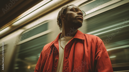 Man stands before a moving subway train car.