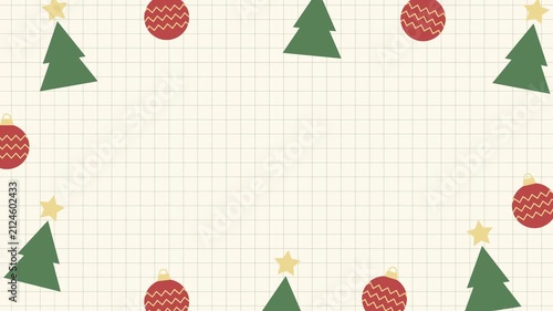 Seamless looping background animation of swaying Christmas trees and baubles with cream beige grid center text copy space area. Flat style holiday frame concept for banner and greeting designs
