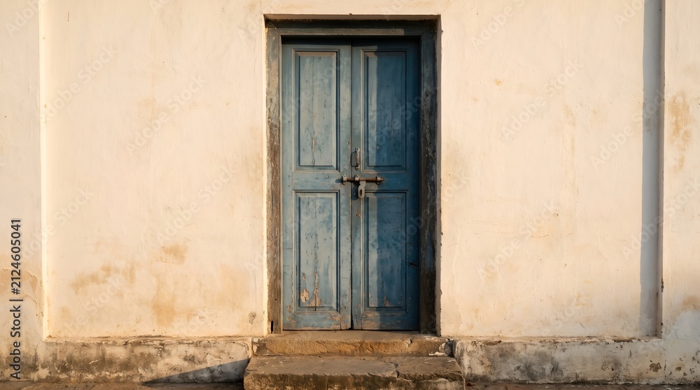 Fototapeta premium Weathered blue wooden door with rusted latch on cream wall