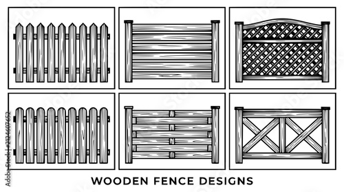 Wooden fence designs grid with vertical planks featuring rustic textures and natural wood grain with clean vector outlines and seamless patterns