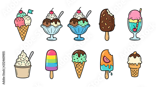 Collection of Hand-Drawn Frozen Desserts and Treats