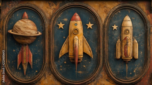 Vintage Space Art Panels: Retro Rockets and Planet Reliefs on Distressed Background