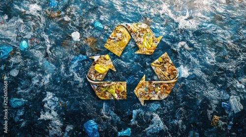 Recycle Symbol Made of Plastic Waste Floating in Polluted Ocean Water, Environmental Crisis