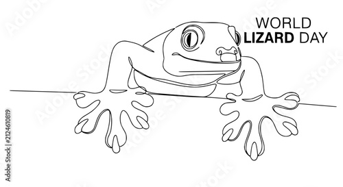 Bild auf Leinwand World Lizard Day illustration: Cute one-line drawing of a gecko peeking over a s
