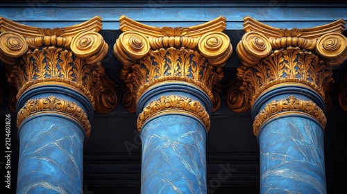 Close-up of three classical columns with ornate golden capitals and blue marbleized shafts, showcasing detailed architectural elements and luxurious design