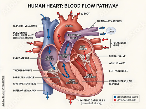 Human heart blood flow pathway diagram