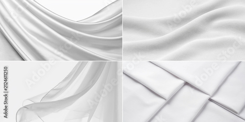 Multiple pieces of elegant blue silk fabric floating gracefully in the air showing smooth curves and soft textures captured against a clean and bright white background