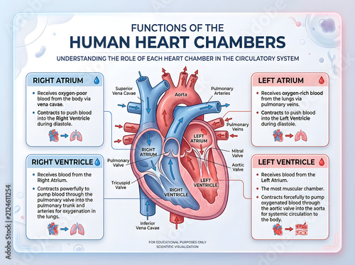 Human heart chambers diagram with functions labeled