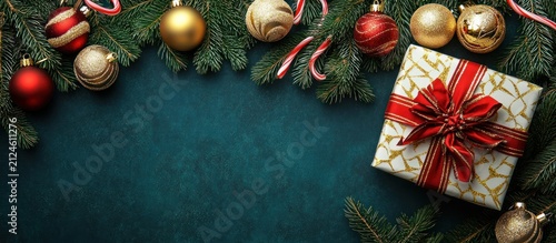 Festive Christmas background with elegant red and gold ornaments, gift box, fir tree branches, and candy canes on a dark blue surface.