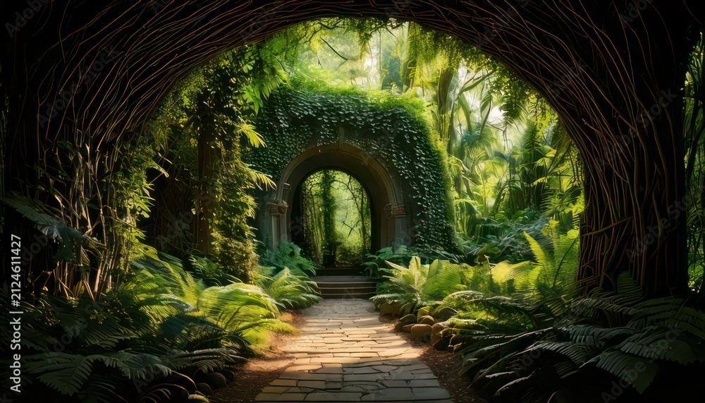 Obraz premium Mossy archway in lush green forest.