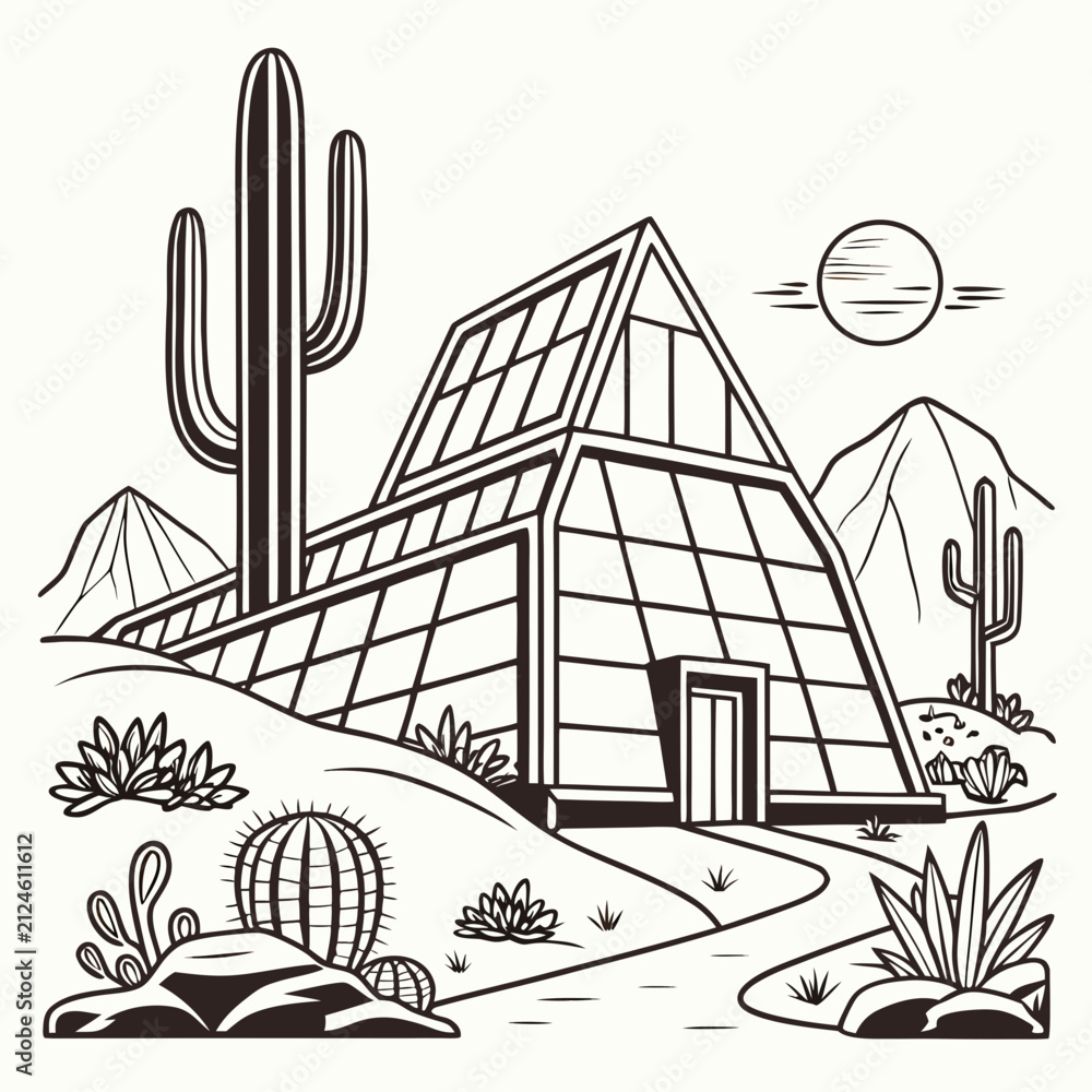 Naklejka premium Modern desert greenhouse building with solar panels and cacti greenhouse architecture