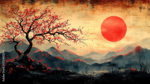 Vibrant red Japanese cherry blossom tree with falling petals set against hazy mountains and a golden sky with a red sun, in a traditional Asian art painting style.