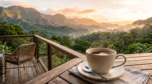 A warm cup of coffee on a wooden terrace with a stunning tropical mountain sunrise.