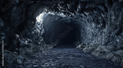 Dark and mysterious rocky cave entrance with bright light illuminating the far end, symbolizing exploration and new beginnings
