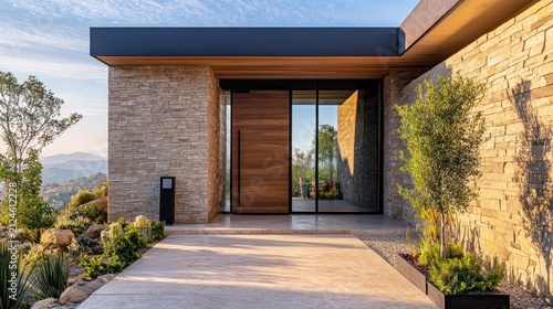 Modern luxury home entrance with natural stone facade, elegant wooden pivot door, and minimalist desert landscaping under a warm sunset light.