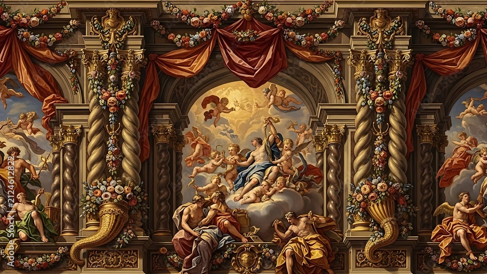 Fototapeta premium Baroque Ceiling Fresco with Cherubs and Mythological Figures