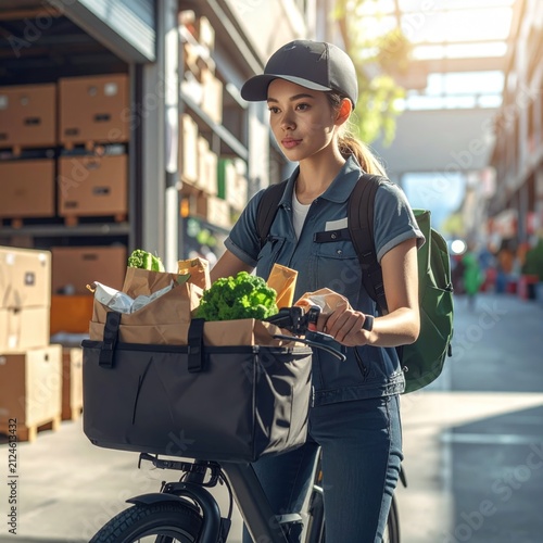 Female delivery courier riding bicycle with grocery bags.