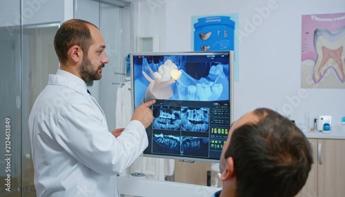 Dentist explaining dental scan on monitor to patient.