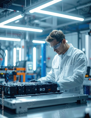 Engineer assembling high-tech battery modules in cleanroom.