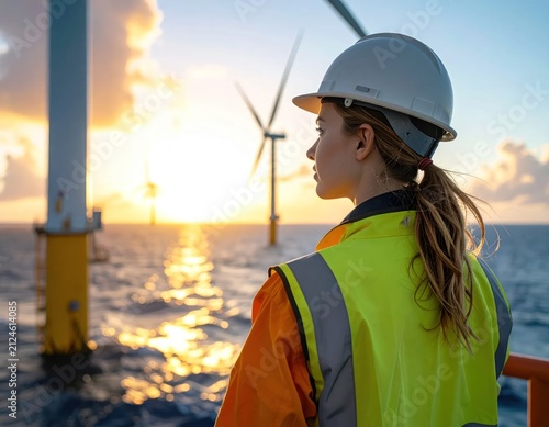 Engineer observing offshore wind turbines at golden sunset.