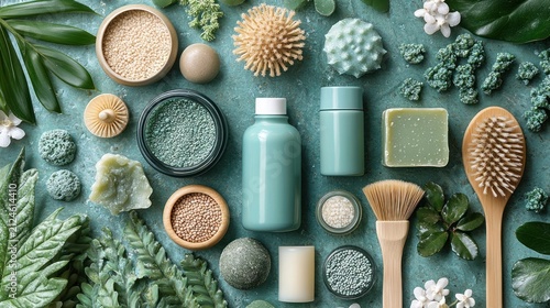 Natural beauty products, organic skincare, and spa essentials with green leaves on a textured teal background, flat lay.