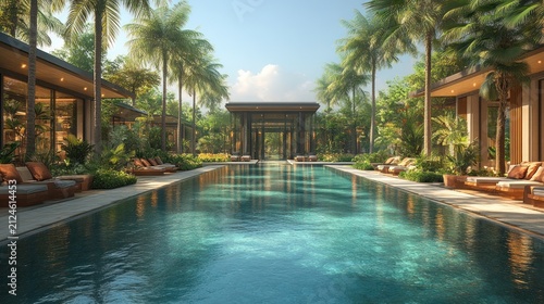 Long luxury swimming pool with modern resort architecture, tropical palm trees, and elegant lounge areas for serene relaxation and vacation.