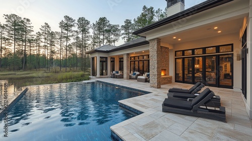 Modern House Exterior with Infinity Pool, Stone Fireplace, and Luxury Patio Overlooking Forest at Twilight