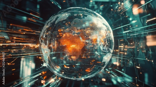 Global network and data flow visualized on a digital earth globe, depicting technology, internet, and communication connectivity.