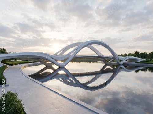 Modern bridge with curved structure reflected in the water