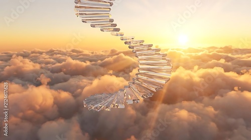 Crystal spiral staircase ascending through clouds at sunset