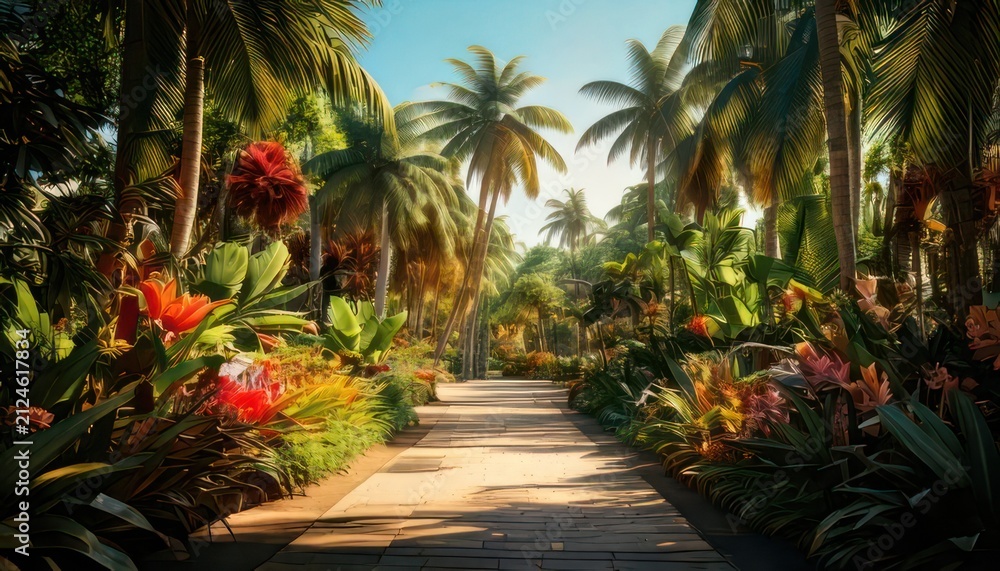 Fototapeta premium Tropical pathway through palm trees garden.