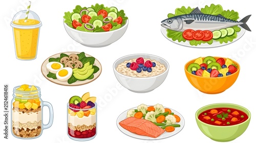 Healthy fresh meal prep bowls with salmon and vegetables. Colorful diet food containers for fitness and nutrition lifestyle.
