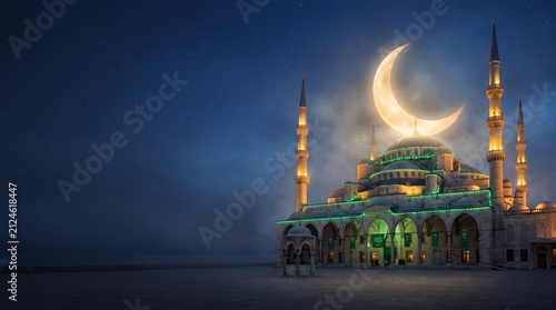 Illuminated mosque with minarets and large glowing crescent moon under night sky, perfect for Milad un Nabi and Eid celebration with copy space on left.