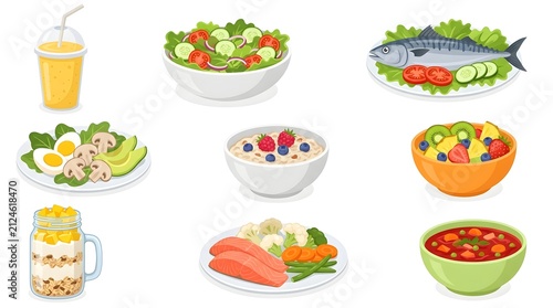 Fresh healthy food items arranged in seamless pattern. Vibrant colorful fruits and vegetables displayed for diet and nutrition concepts.