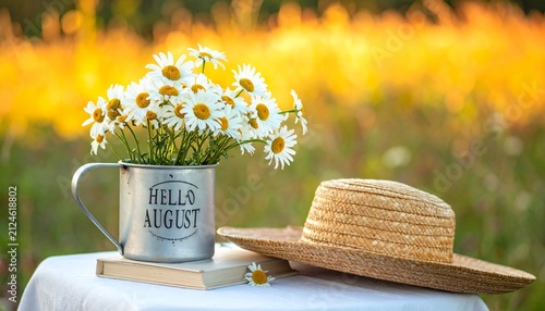 Hello August Mug with Daisies