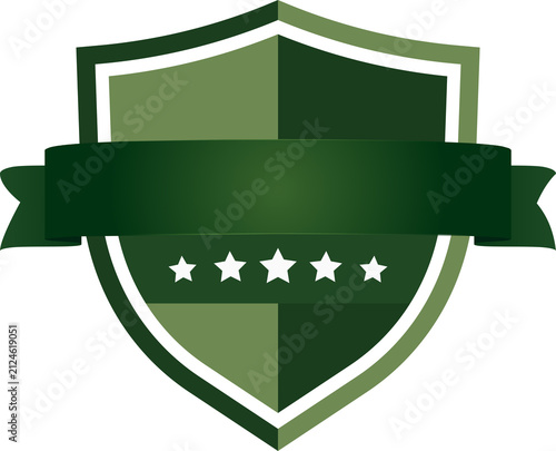 Heraldic Shield with Ribbon Banner PNG Icon Green Protection Emblem Badge Symbol Design Illustration with Flag Element and 3D Style Button Concept