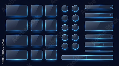 Complete Glass morphism UI Kit with Glowing Blue Edges, Search Bars, Hexagons, and Card Panels